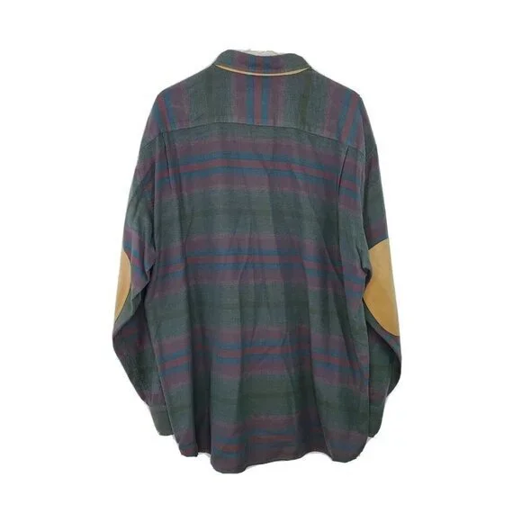 Cabelas‎ Striped Button Up Long Sleeve Elbow Patch Suede Leather Accent Shirt XL - Picture 2 of 6